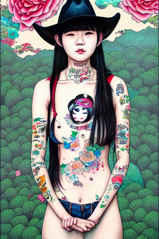 Prompt: full view of taiwanese girl with tattoos wearing cowboy hat, style of yoshii chie and hikari shimoda and martine johanna, highly detailed