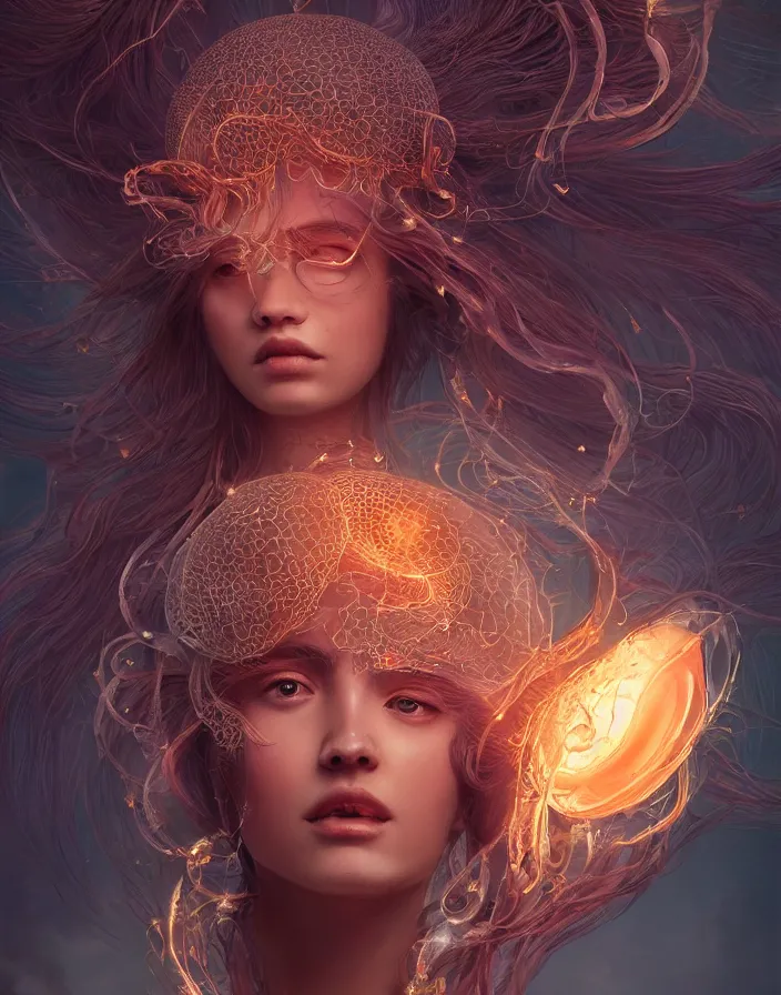 Image similar to goddess portrait. jellyfish phoenix head. intricate artwork by Tooth Wu and wlop and beeple. octane render, trending on artstation, greg rutkowski very coherent symmetrical artwork. cinematic, hyper realism, high detail, octane render, 8k, matte painting, peter mohrbacher, 3d