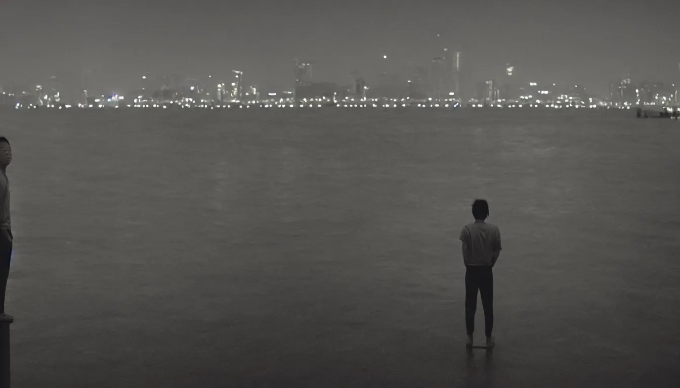 Prompt: 80s asian neon movie still with a lone man levitating over a pier by the river at night with city lights behind his back. Fallen angels movie still. hyperrealistic, photorealistic, high definition, medium format photography, highly detailed, tehnicolor, anamorphic 50mm lens