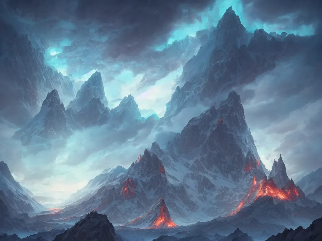 Image similar to mountain reaches into the sky, huge daragons breathing ice and fire by peter mohrbacher and dan mumford and nekro, cgsociety, volumetric light, 3 d render