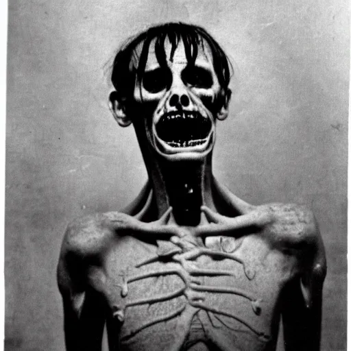 Image similar to horrifying, killer, creepy, dead, monster, tall, skinny, open mouth, old photo