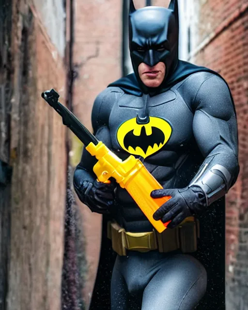 Image similar to happy batman firing super soaker water gun at playful criminals in an alleyway, everyone having fun, product advertisement, photography