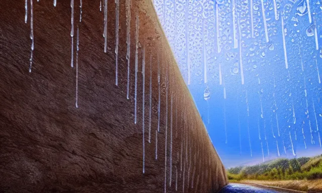 Image similar to beautiful photograph of a vertical tunnel made of raindrops in the blue sky, between a dried up river and the sun, highly-detailed, fantastic, dramatic lighting, artstation, 4k
