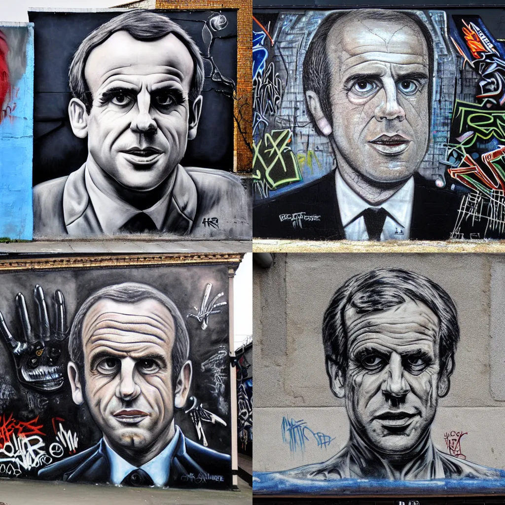 Prompt: grafitti mural of Macron by H.R. Giger