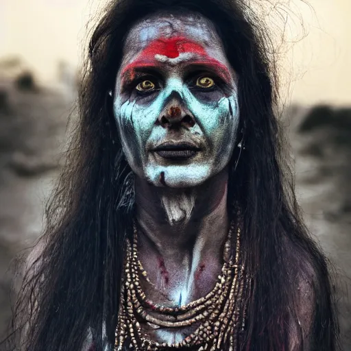 Prompt: 3 5 mm coloured film portrait of strange female aghori sadhu covered in ash creature, hyperrealism, photorealistic, detailed, atmospheric, 8 k, award winning photography, cinematic