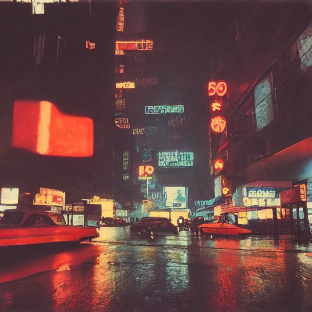 Prompt: kodachrome photograph, saturated photo, 1 9 6 7 cyberpunk city during a melancholy rainy night