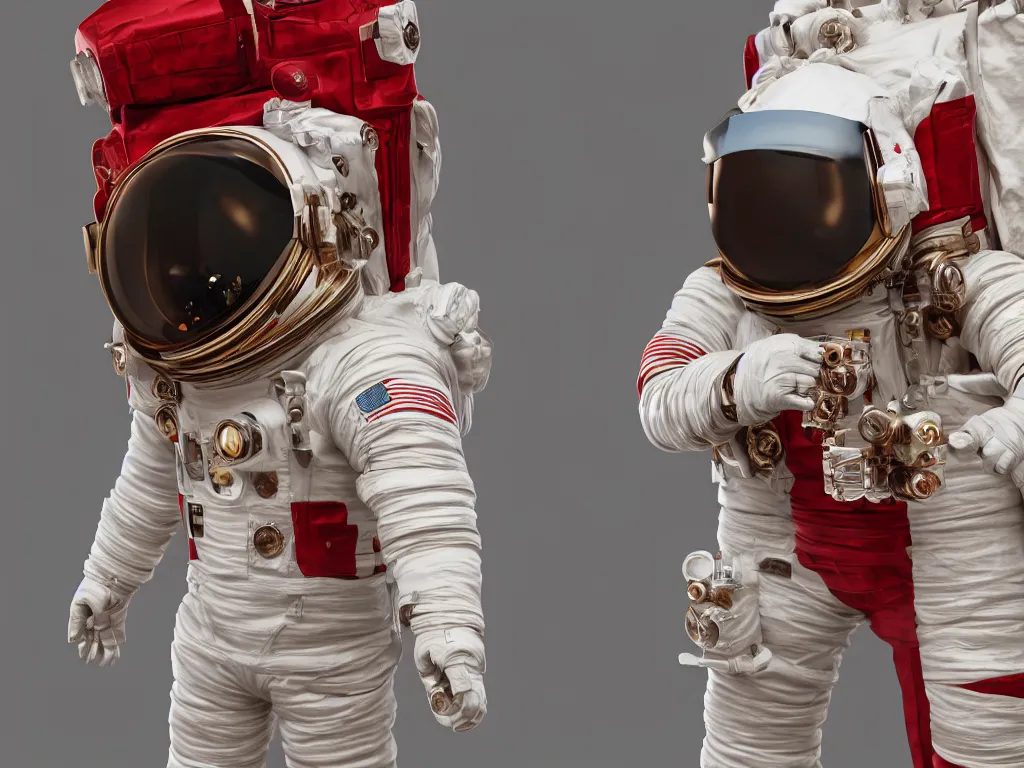 Prompt: ornate red bone in astronaut suit, gold linens, cinematic lighting, dramatic, octane render, long lens, shallow depth of field, bokeh, anamorphic lens flare, 8k, hyper detailed, 35mm film grain