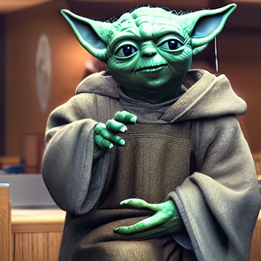 Image similar to yoda at the barbershop, highly detailed, unreal render, 4k hdr