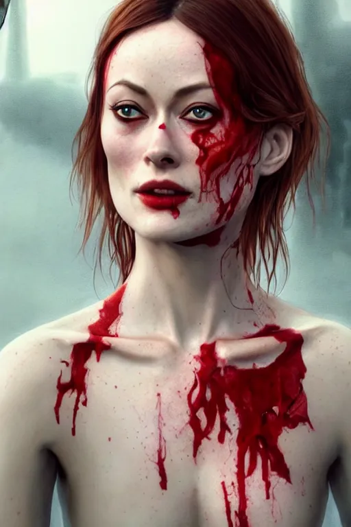 Image similar to pale woman covered with blood, olivia wilde face!!!, red hair, skeleton tattoo!, ultra realistic, concept art, intricate details, highly detailed, 4 5 mm. photorealistic, octane render, 8 k, unreal engine. film still, heavy grain, 3 5 mm, art by artgerm and greg rutkowski and alphonse mucha