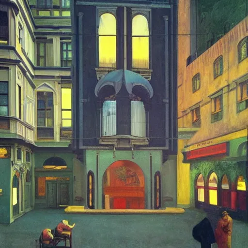 Prompt: mumbai buildings, hyperrealistic film still by edward hopper, by gottfried helnwein, by klimt, by paolo uccello, art nouveau, highly detailed, strong lights, liminal, eerie, metaphysical, bright pastel colors,