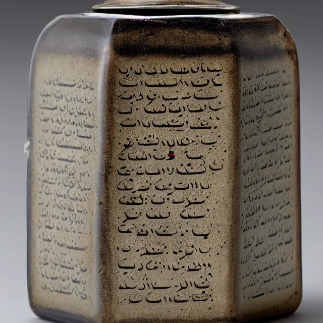 Prompt: a photo of a square glass case holding a cylindrical clay jar with two sentences of nabeatean aramaic, dark, brooding, atmospheric, volume lighting