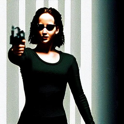 Image similar to first picture of Jennifer Lawrence as Neo in Matrix remake (2029)