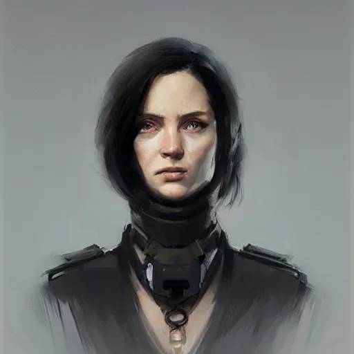 Image similar to Portrait of a woman by Greg Rutkowski, she is about 20 years old, round face, mixture between german and russian, black bob hair, attractive, determined but resentful look, she is wearing futuristic military fatigues with a black scarf, highly detailed portrait, scifi, digital painting, artstation, concept art, smooth, sharp foccus ilustration, Artstation HQ.