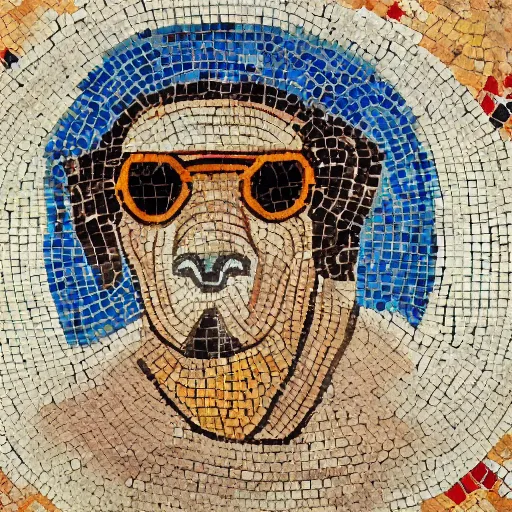 Prompt: roman mosaic of a mule with sunglasses on, chill, rad, wearing a Hawaiian shirt, 8k