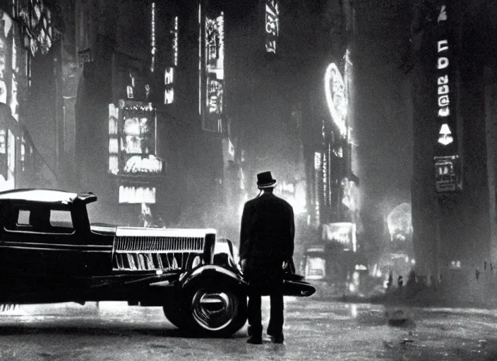 Image similar to scene from the 1932 science fiction film Blade Runner with the main character standing next to a vehicle