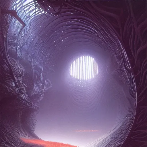 Image similar to epic alien jungle by zdzisław beksinski, greg rutkowski inside a giant futuristic bio structure by zaha hadid