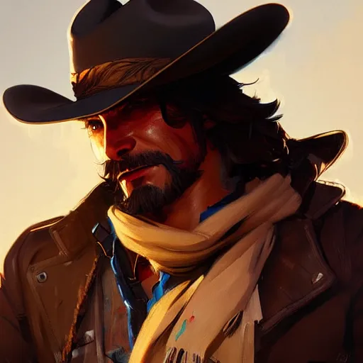 Prompt: Mccree from Overwatch, highly detailed, digital painting, artstation, concept art, sharp focus, illustration, art by greg rutkowski and alphonse mucha