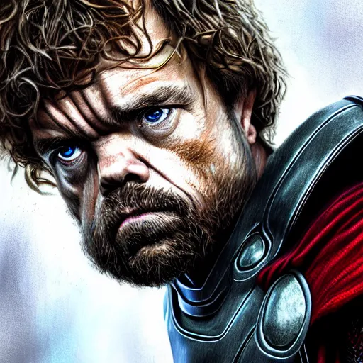 Image similar to peter dinklage as thor from endgame digital painting, extremely detailed, 4 k, intricate, brush strokes, mark arian, artgerm, bastien lecouffe - deharme
