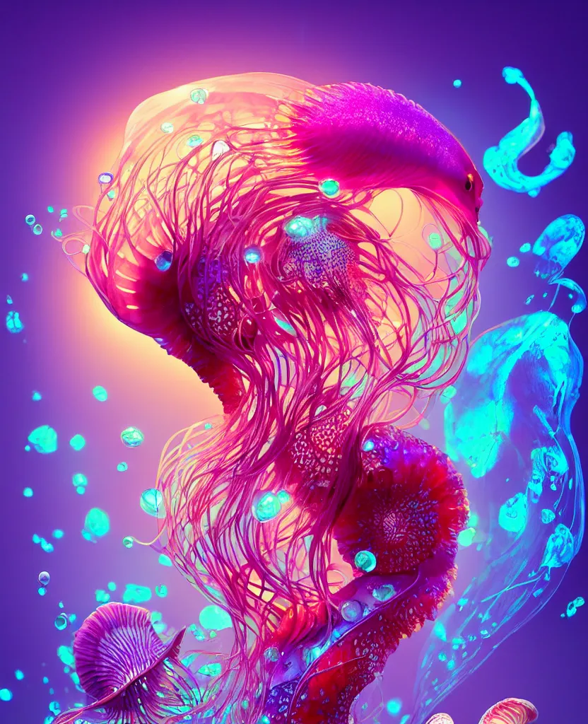 Image similar to goddess close-up portrait. dichroic orchid jellyfish phoenix head, nautilus, skull, betta fish, bioluminiscent creatures, intricate artwork by Tooth Wu and wlop and beeple. octane render, trending on artstation, greg rutkowski very coherent symmetrical artwork. cinematic, hyper realism, high detail, octane render, 8k