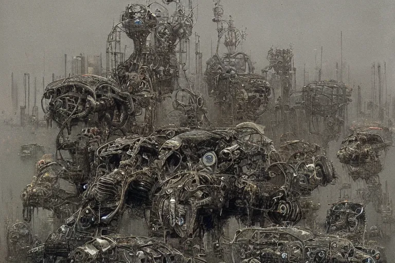 Image similar to tobots cyborgs scrapyard by beksinski