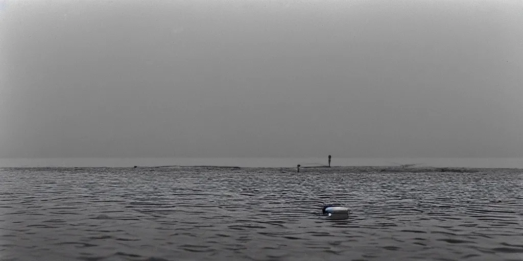 Prompt: an infinitely long rope zig - zagging across the surface of the water into the distance, floating submerged rope stretching out towards the center of the lake, a dark lake on an overcast day, rocky shore foreground, directed by stanley kubrick, atmospheric, color film, trees in the background, hyper - detailed photo, anamorphic lens