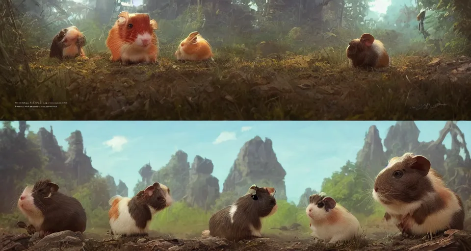 Image similar to ultra realistic cute guineapigs everywhere, by simon stalenhag, frank frazetta, greg rutkowski, beeple, yoko taro, christian macnevin, wlop and krenz cushart, epic fantasy character art, volumetric outdoor lighting, midday, high fantasy, cgsociety, cheerful colours, full length, exquisite detail, post - processing, masterpiece, cinematic