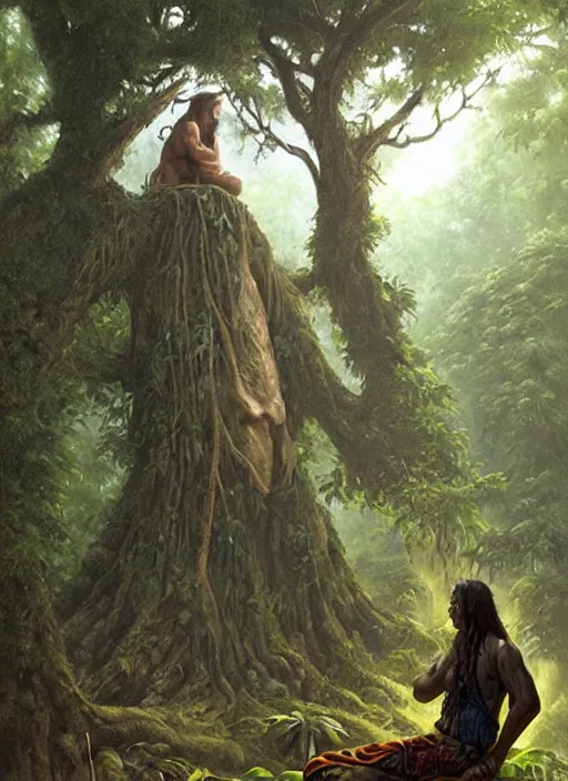 Image similar to a shaman sitting in the jungle, with giant face of an ancestor in a tree behind him, hyper detailed, art by christophe vacher