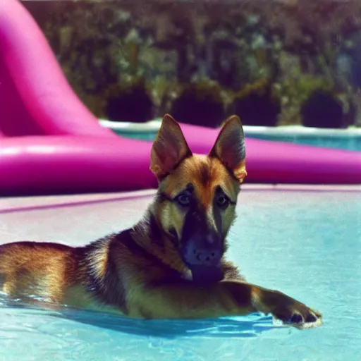 Prompt: An anthropomorphic GSD puppy with hands enjoying a cosmopolitan cocktail in a swimming pool while floating on an flamingo inflatable, tranquil, breezy background, atmospheric, hazy, sweltering, autochrome, 8k, reflections