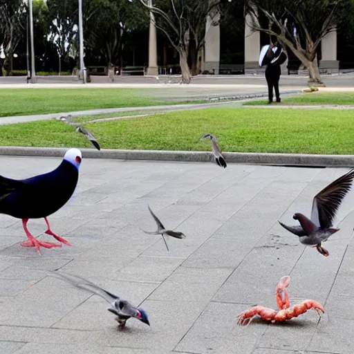 Prompt: shrimp fighting a pigeon in front of Canberra Parliament House