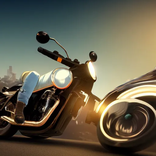 Image similar to a photorealistic image of bichon frise riding a black motorcycle in Hollywood at sundown. This 4K HD image is Trending on Artstation, featured on Behance, well-rendered, extra crisp, features intricate detail and the style of Unreal Engine.