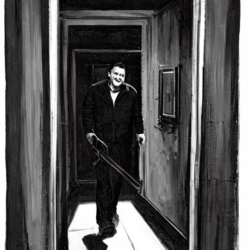 Prompt: Ted Cruz with a wide grin wielding a chainsaw peaking through a door in the distance at the end of a narrow corridor, black and white, creepy lighting, scary, horror, ornate, eerie, fear, oil painting