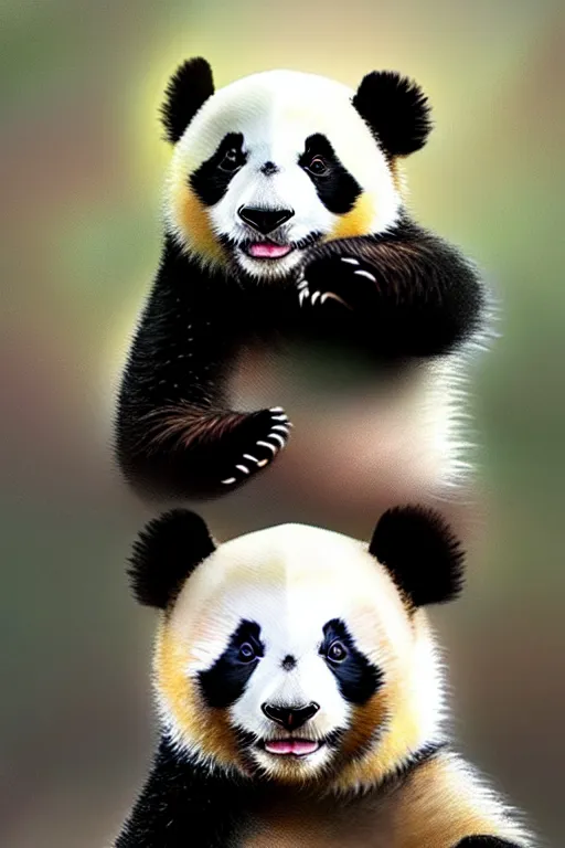 Prompt: clear portrait of a baby panda, cottagecore!!, background hyper detailed, character concept, full body, dynamic pose, glowing lights!! intricate, elegant, highly detailed, digital painting, artstation, concept art, smooth, sharp focus, illustration, art by artgerm and greg rutkowski and alphonse mucha