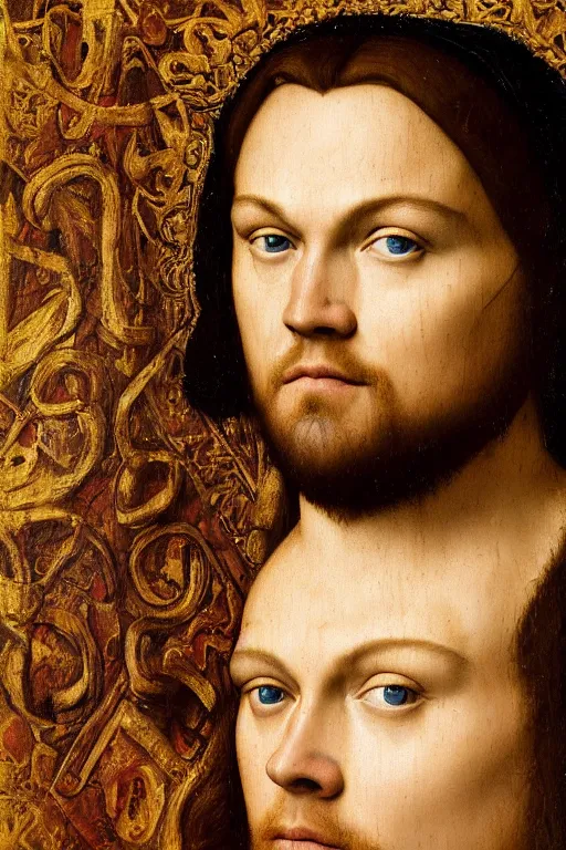 Image similar to 1 4 0 0 s renaissance portrait of leonardo dicaprio oil painting by jan van eyck, northern renaissance art, oil on canvas, wet - on - wet technique, realistic, expressive emotions, intricate textures, illusionistic detail