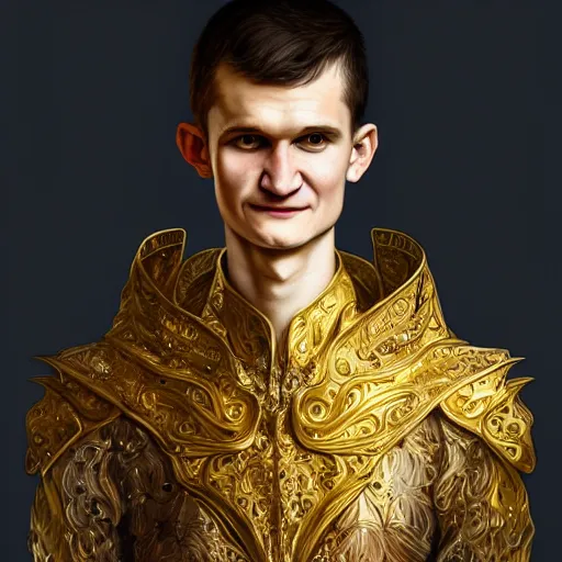 Image similar to Portrait of Vitalik Buterin wearing beautiful golden armor, D&D, fantasy, intricate, elegant, highly detailed, digital painting, artstation, concept art, matte, sharp focus, illustration, art by Artgerm and Greg Rutkowski and Alphonse Mucha, portrait