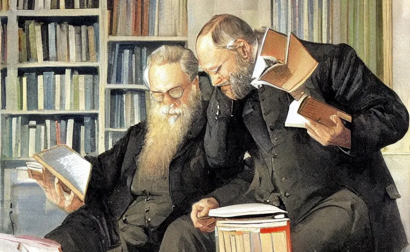 Prompt: putin reading a book with tolstoy looking over his shoulder, painting, caricatures, detailed