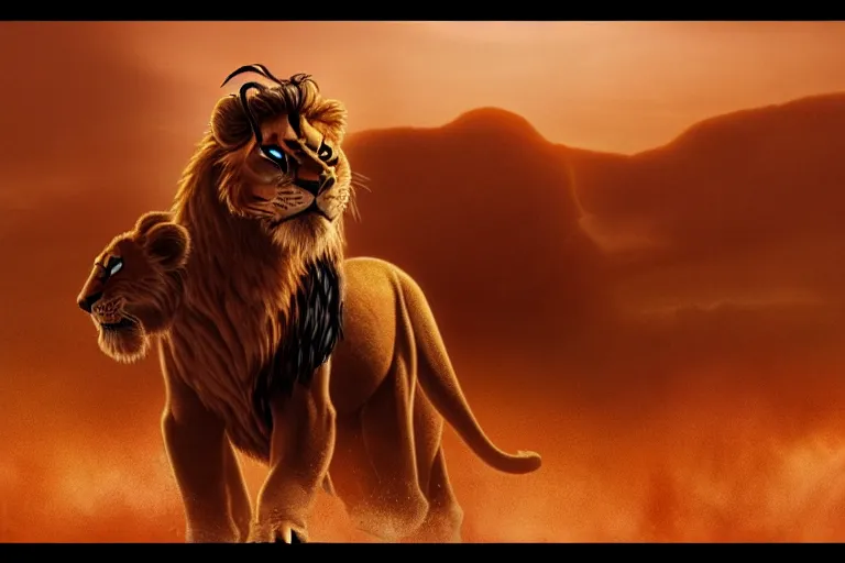 Image similar to simba ( from the lion king 1 9 9 4 ), heavily armed and armored facing down armageddon in a dark and gritty version from the makers of mad max : fury road : witness me