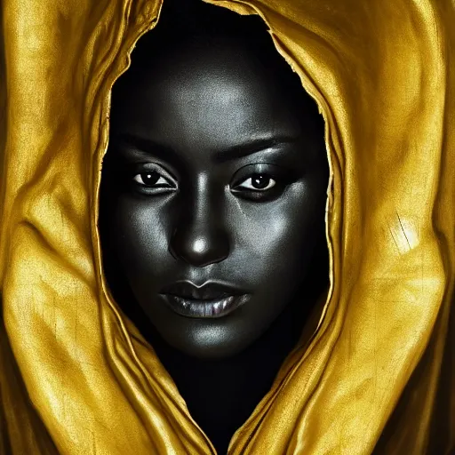 Image similar to a portrait of a young black woman wearing a long dark cloak, hood and shadows covering face, holding golden chains, oil painting, matte painting, black background, Volumetric Golden dappled dynamic lighting, Highly Detailed, Cinematic Lighting, Unreal Engine, 8k, HD, by Beksinski