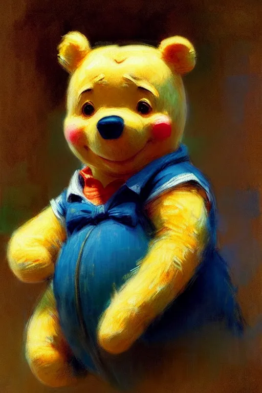 Prompt: soft colorsphotograph imax and solomon joseph solomon and richard schmid and jeremy lipking victorian loose genre loose painting full length portrait painting of winnie - the - pooh disney