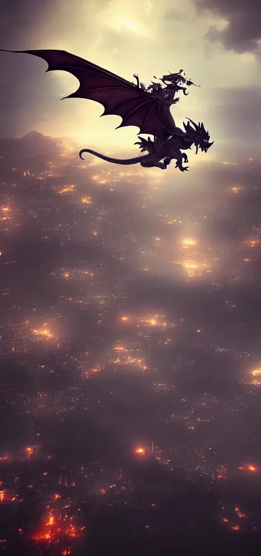 Image similar to vietnamese dragon flying above hanoi city, concept art, moody lightning, amazing composition, high details, octane render, unreal engine