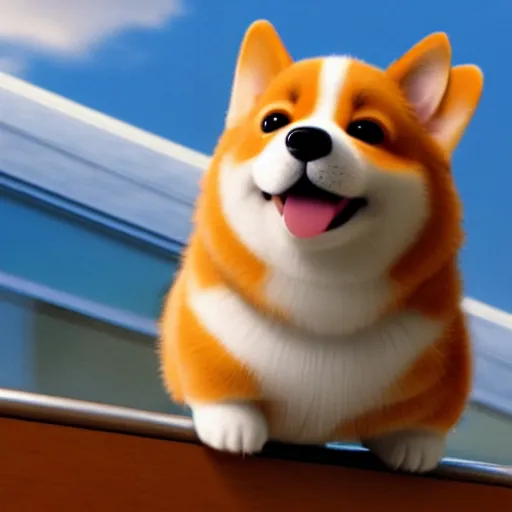 Prompt: enormous cute happy corgi looking over skyscrapers, pixar movie screenshot