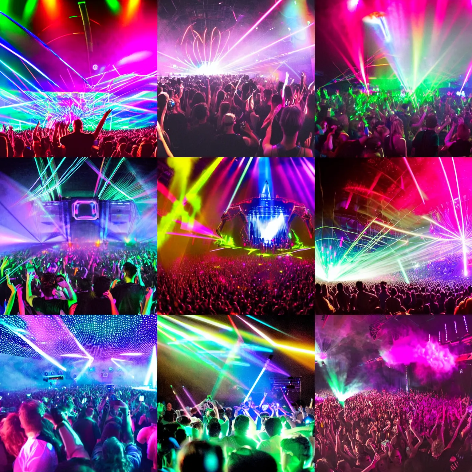 Prompt: a laser light show at an electronic edm concert with smoke effects and a large crowd