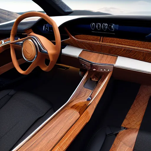 Prompt: interior of a high end luxury car, wood dash, black leather, concept, artstation, 8 k, very high quality,