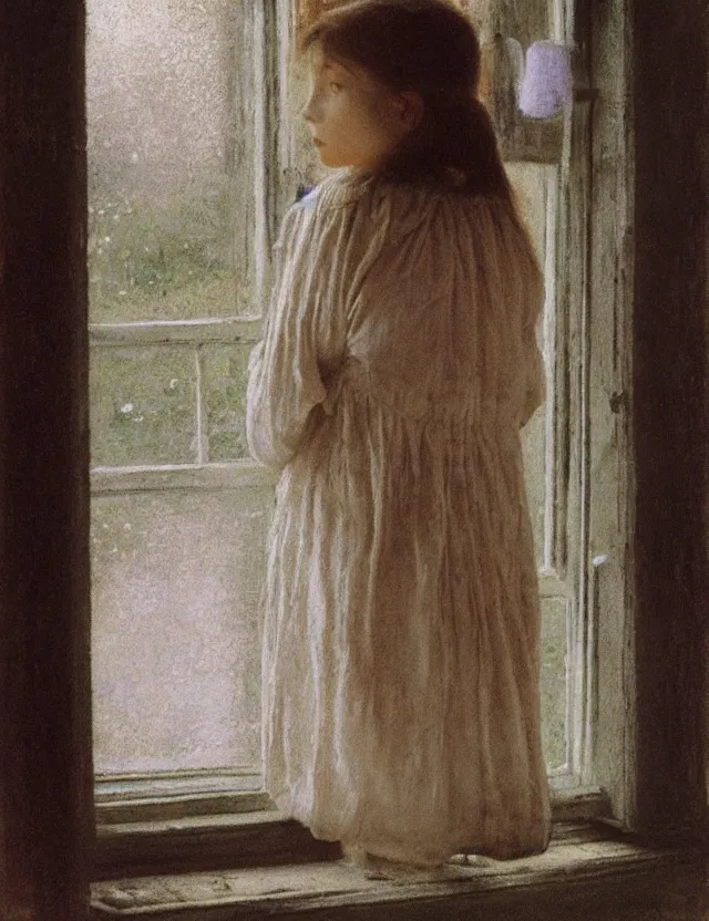 Image similar to peasant girl in a morning in country house looking in a window, cottage core, polaroid photo bleached vintage pastel colors high - key lighting, soft lights, foggy, by steve hanks, by lisa yuskavage, by serov valentin, by tarkovsky, detailed, oil on canvas