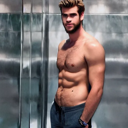 Prompt: a realistic detailed photo of a guy who is an attractive humanoid who is half robot and half humanoid, who is a male android, actor liam hemsworth, shiny skin, posing like a statue, blank stare, by the pool, on display, showing off his muscles