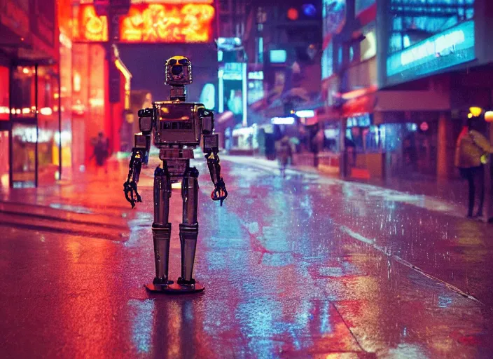 Prompt: a 2 8 mm macro kodachrome photo of a tall huge metallic cyborg droid with glowing lights, walking alone on a rainy night in the city in the 1 9 5 0's, seen from a distance, bokeh, canon 5 0 mm, cinematic lighting, film, photography, golden hour, depth of field, award - winning, neon, cyberpunk