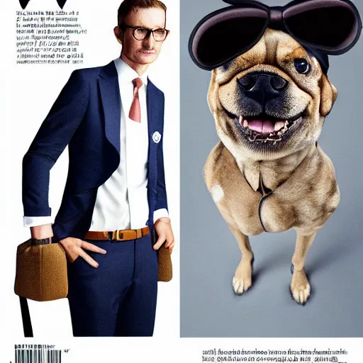 Image similar to photorealistic dog wearing business suits from vogue magazine