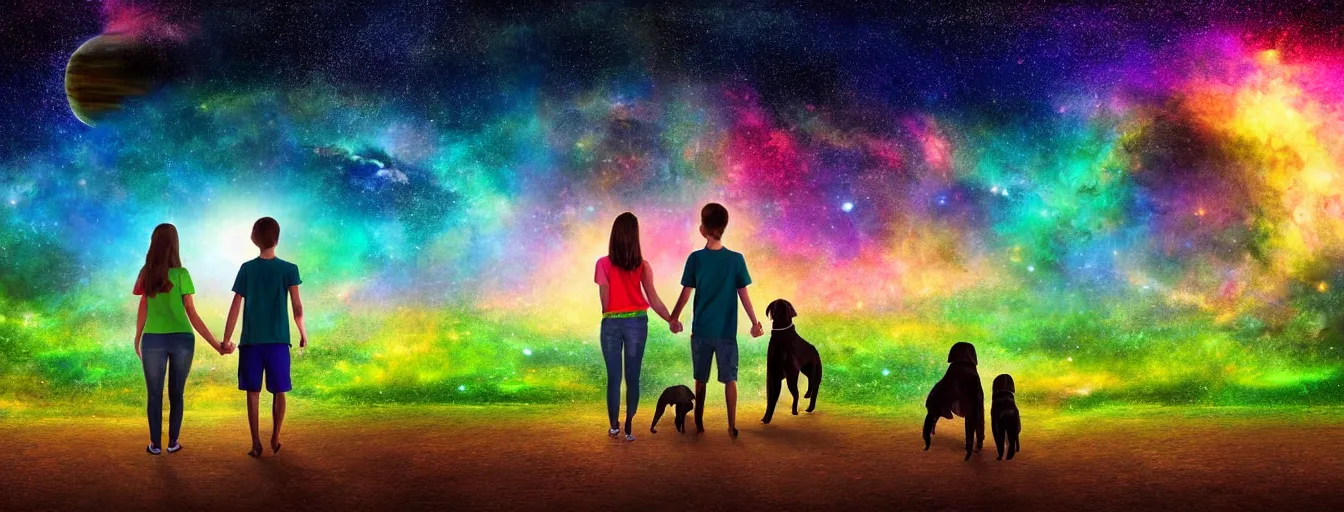 Image similar to rear view of a young couple and a kid holding hands, with a dog sitting next to them in a small green planet looking to the night sky displaying an entire colorful universe, digital art, epic, colorful, highly detailed