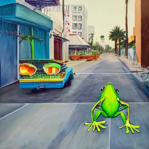 Image similar to painting of a bipedal frog walking away from the camera, down a busy street in los angeles, street vendors, palm trees,