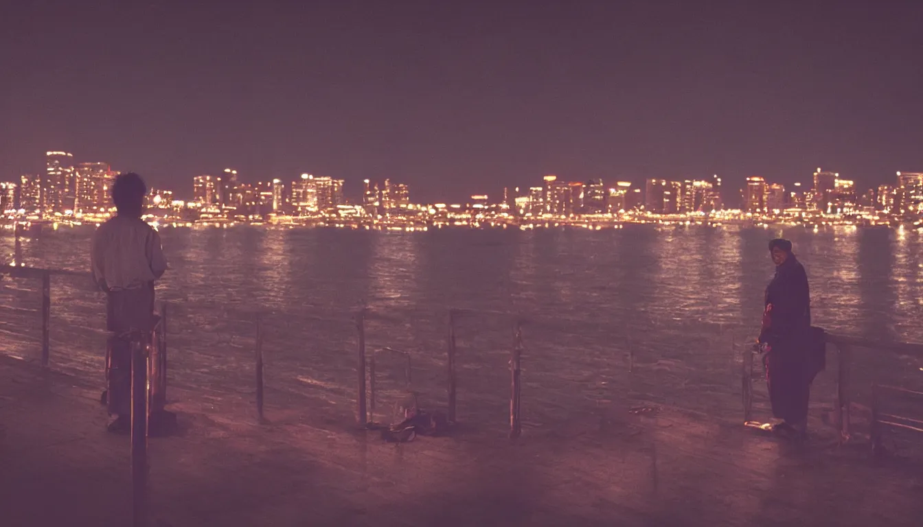 Image similar to 80s asian neon movie still with a lone man on a pier overlooking the river at night with city lights behind his back. Fallen angels movie still. hyperrealistic, high definition, medium format photography, highly detailed, tehnicolor, anamorphic 50mm lens