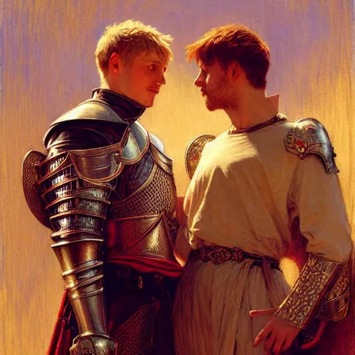 Image similar to attractive arthur pendragon and his attractive male knight, they are in love, natural lighting, path traced, highly detailed, high quality, digital painting, by gaston bussiere, craig mullins, alphonse mucha j. c. leyendecker